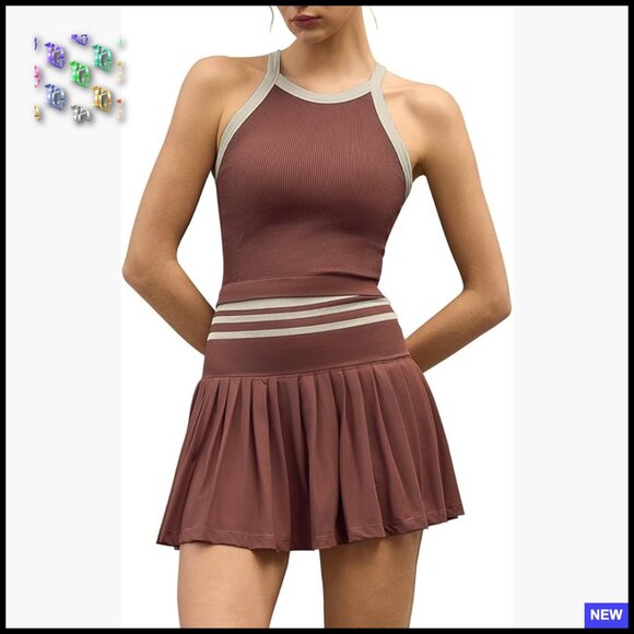 High Waisted Pleated Tennis Skirt Set with Padded Tank Top Athletic Outfit